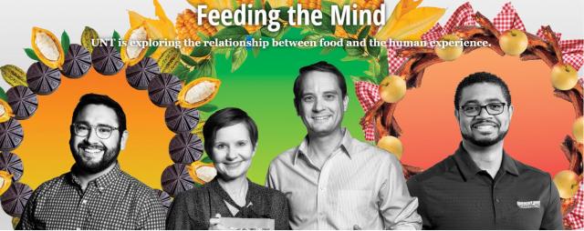 Four people on a banner that says "feeding the mind."